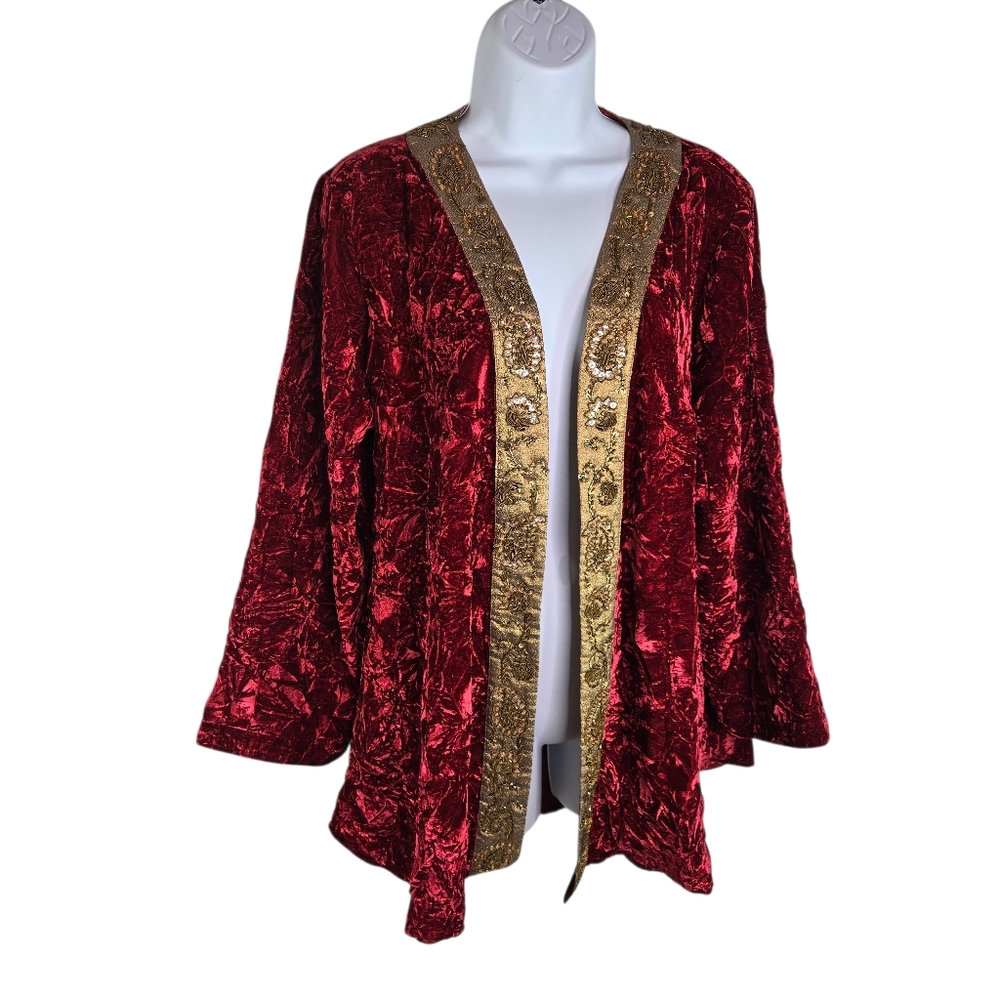 Soft Surroundings Ruby Red Crushed Velvet Gold Sequin Jacket